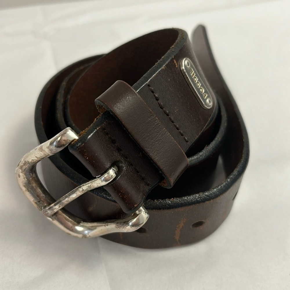 FOSSIL vintage brown leather belt brushed silver tone metal buckle sz 34 unisex